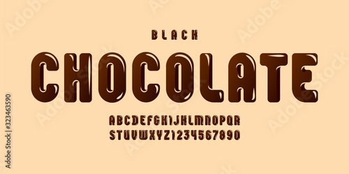 Black Chocolate glossy font, brown alphabet in the cartoon style, tasty rounded letters from A to Z and numbers from 0 to 9 for you designs, vector illustration 10EPS