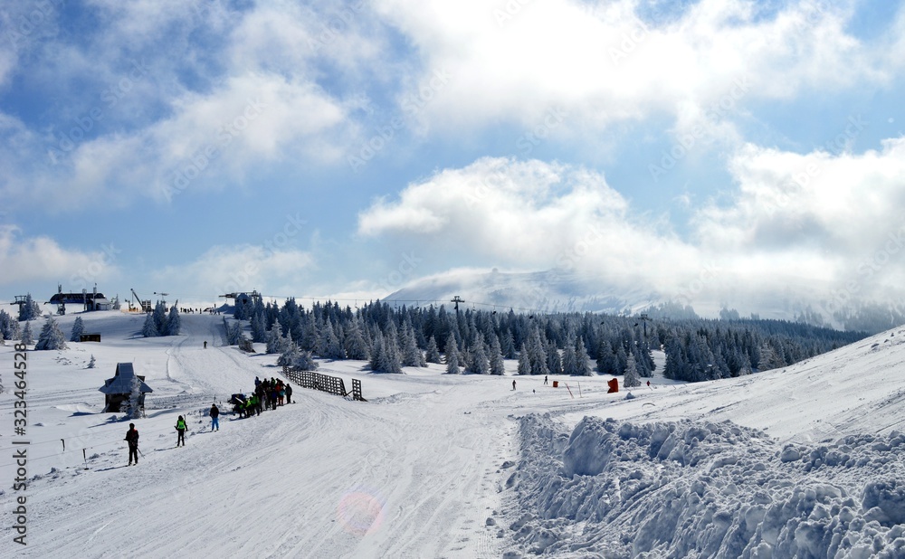 Skiers on the track in the snow