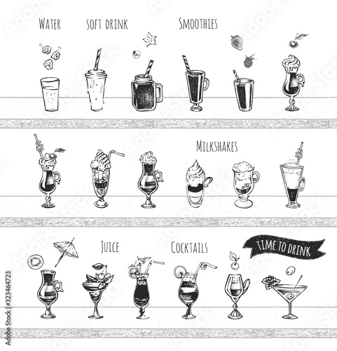 Bar menu. Vector icons of cocktails and soft drink