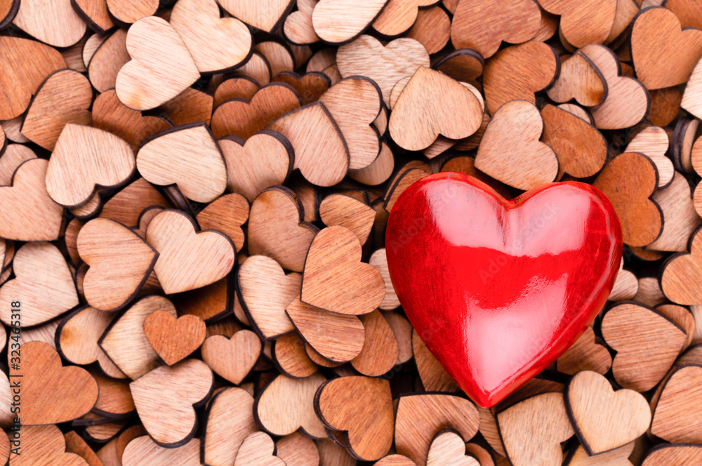 Red heart, valentine day greeting card. Wooden hearts background.