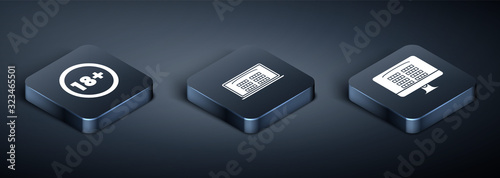 Set Isometric Under 18 years, Buy cinema ticket online  and Buy cinema ticket online  icon. Vector