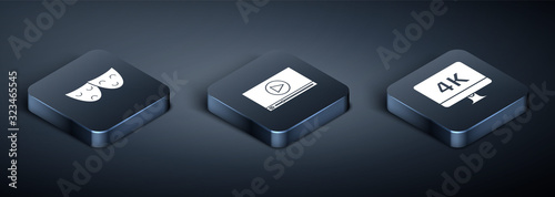 Set Isometric Comedy and tragedy theatrical masks , Computer PC monitor with 4k video technology  and Online play video  icon. Vector