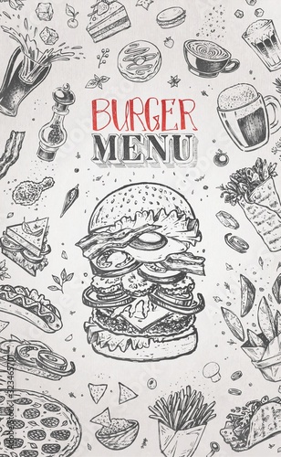 Burger menu design template for restaurant and cafe. Hand drawn doodle sketch of hamburger, coffee, french fries, tacos, burrito, beer and pizza. Vector vintage illustration retro engraving style