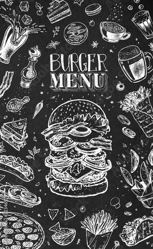 Burger menu design template for restaurants and cafes. White chalk icons on black. Hand drawn hamburger sketch, coffee, french fries, tacos, burritos, beer and pizza. Vector vintage retro art