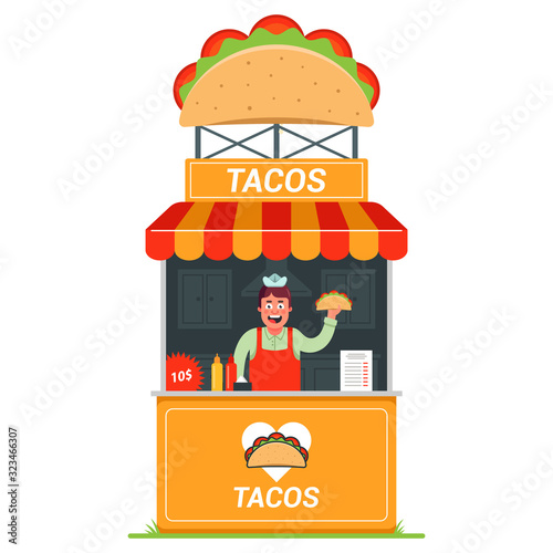 kiosk with a seller selling tacos on the street. Flat vector illustration of fast food.