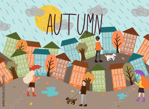 Autumn city landscape background with seasonal people outdoor activities, yellow trees, rainy clouds in the sky, hand drawn illustration