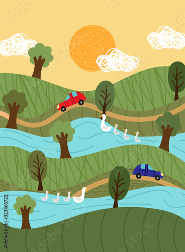 Summer landscape background with road in the hills, green trees, clouds and sun in the sky, hand drawn illustration