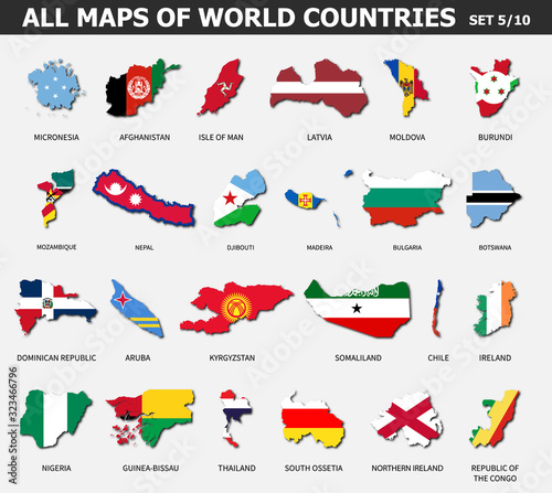 All maps of world countries and flags . Set 5 of 10 . Collection of outline shape of international country map with shadow . Flat design . Vector .