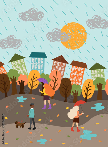 Autumn city landscape background with seasonal people outdoor activities, yellow trees, rainy clouds in the sky, hand drawn illustration