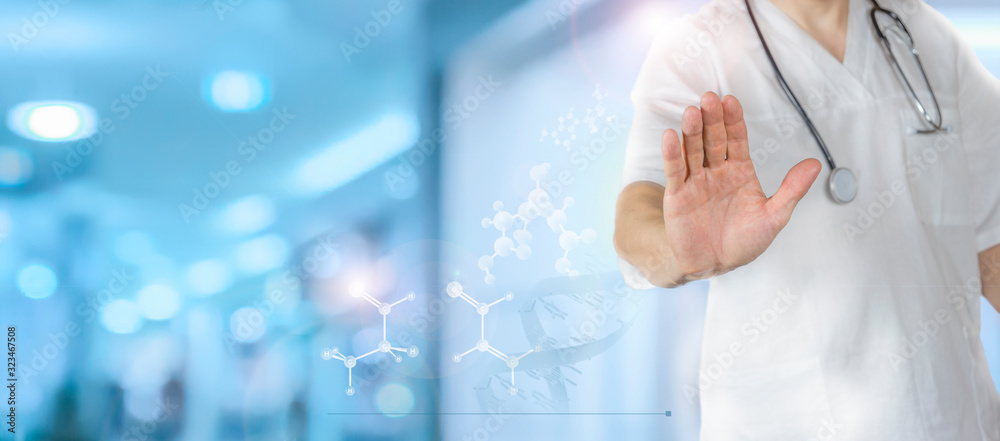 The doctor shows a stop gesture. DNA. Digital healthcare, modern virtual screen interface, medical technology and network concept. The doctor shows a stop gesture. DNA. Digital healthcare, modern virtual screen interface, medical technology and network concept.
