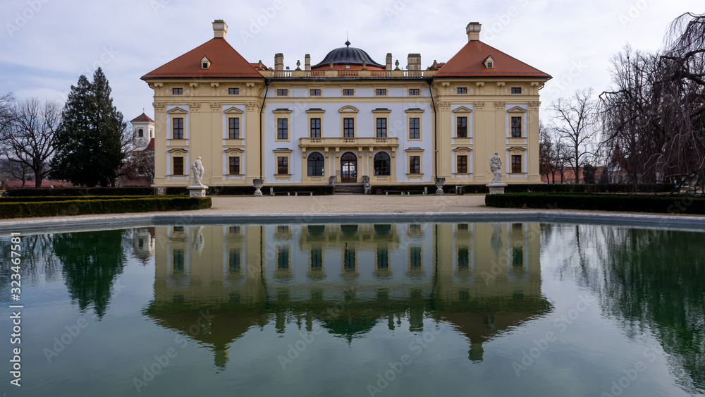 Slavkov Castle, Austerlitz and its lagoon mirror reflection