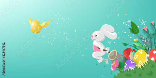 Happy Easter, greeting card, fantasy garden with rabbit cartoon character catching golden winged egg flying festive concept, seasonal holiday poster vector illustration