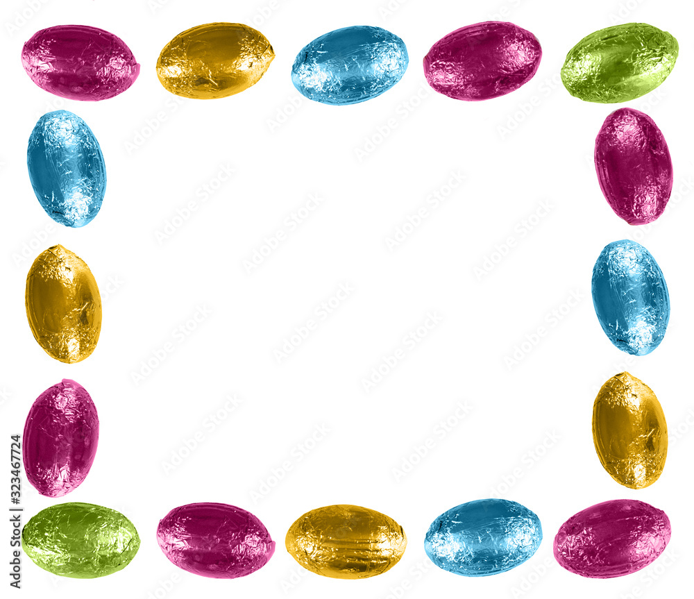 Easter egg rectangle, frame, isolated on white. Bright colourful chocolate, foil wrapped. Easter egg rectangle, frame, isolated on white. Bright colourful chocolate, foil wrapped.