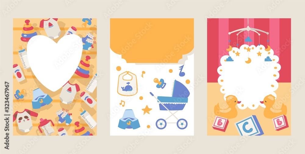 Baby shower invitation set vector illustration with cute greeting or birthday announcement card design for party celebration. Child birth postcard template with frame, toy, duck, bottle and pacifier.