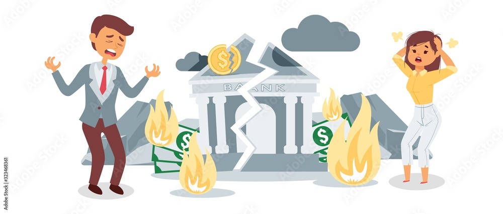 Bank went bankrupt vector illustration with worried man and woman cartoon  characters feeling bankruptcy crisis. Finance business and economy problem  concept with businessman crying in depression. Stock Vector | Adobe Stock