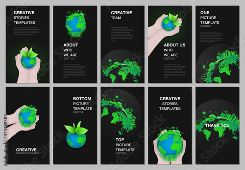 Social networks stories design, vertical banner or flyer templates. Covers design templates for flyer, leaflet, brochure cover. Green world globe in the hands of man. Earth planet health care concept.