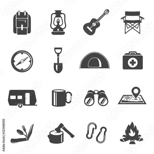 Collection of flat icons - touristic gear, equipment or tools