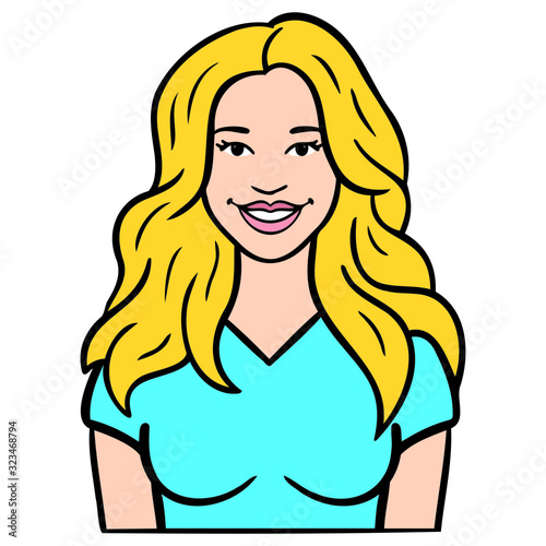 Vector drawing of a gorgeous blonde woman with long curly hair who is laughing at the camera. blue t-shirt, torso, comic, avatar.