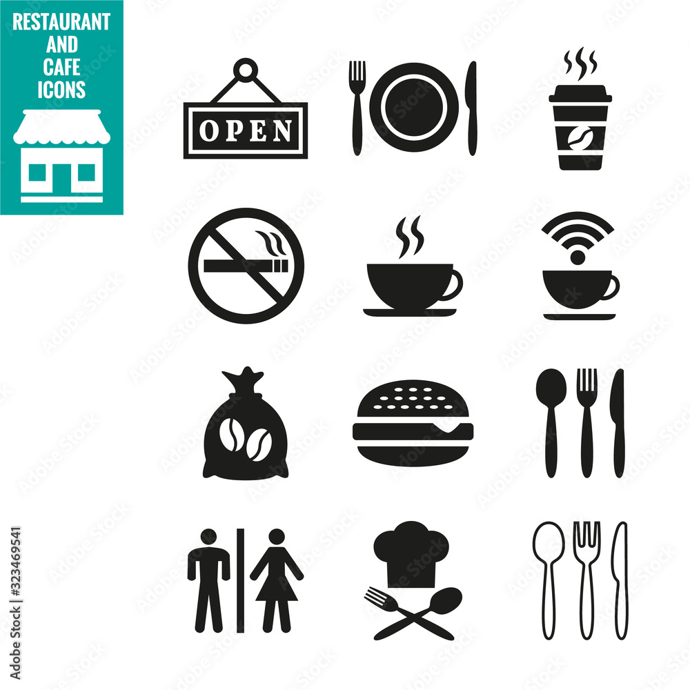 Restaurant and cafe icons set on white background.