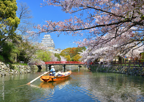 満開の桜と姫路城を観光する人々