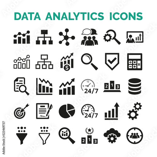 Data analytics icons set on white background.