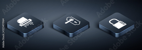 Set Isometric Paper shredder confidential, Safe combination lock  and Door handle  icon. Vector