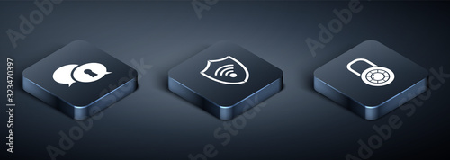 Set Isometric Protection of personal data , Safe combination lock wheel  and Shield with WiFi wireless internet network icon. Vector
