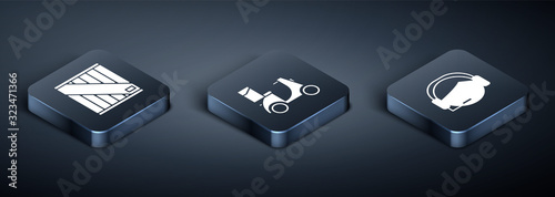 Set Isometric Wooden box , Support operator in touch and Scooter delivery  icon. Vector