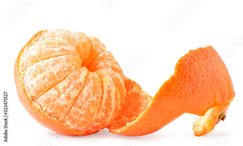 Ripe Mandarin with peeled peel on a white background. Isolated