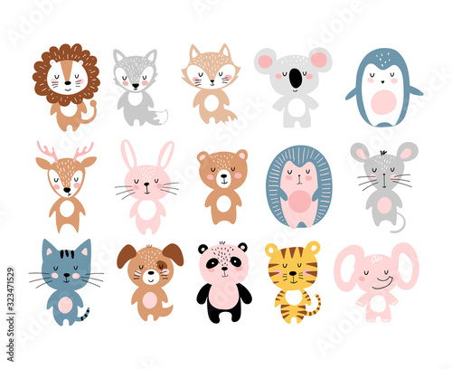 Fototapeta Naklejka Na Ścianę i Meble -  Cute animals, a large set of simple colorful cartoon characters for children. Wild, tropical, forest animals. Vector illustration isolated on a white background