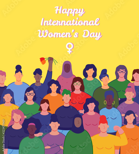International women's day. Group of women's with different nationalities and cultures. Women's day concept. Vector