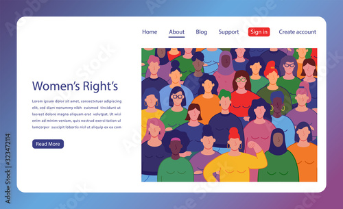 International women's day. Group of womens with different nationalities and cultures. Website concept template. Vector