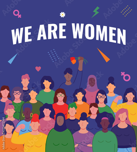 International womens day. Group of womens with different nationalities and cultures. Womens day concept. Vector