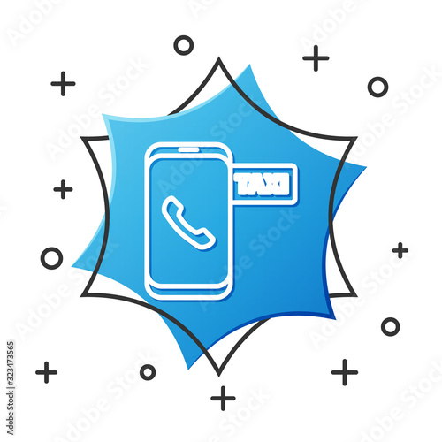 White line Taxi call telephone service icon isolated on white background. Taxi for smartphone. Blue hexagon button. Vector Illustration
