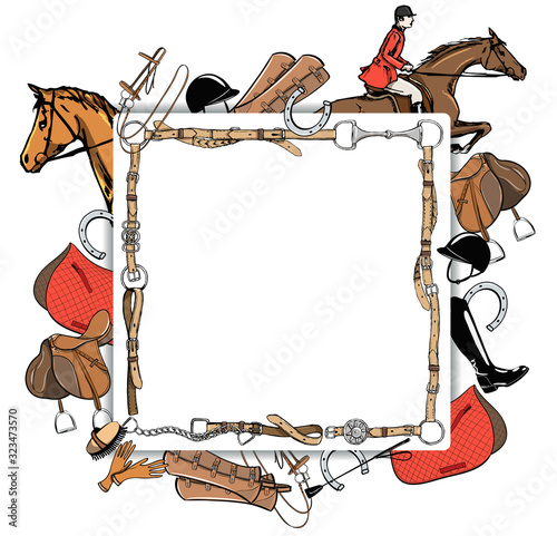 Equestrian sport horse rider style banner template. Steeplechase horsemen in leather belt frame bit, saddle, stirrup, bridle, horse riding gear tool. Hand drawing equine vector vintage art background