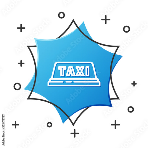 White line Taxi car roof icon isolated on white background. Blue hexagon button. Vector Illustration