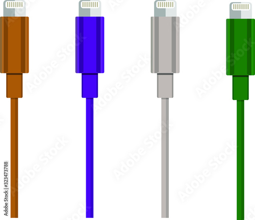 Four clour cables lightning on whine background (orange, purple, silver, green)