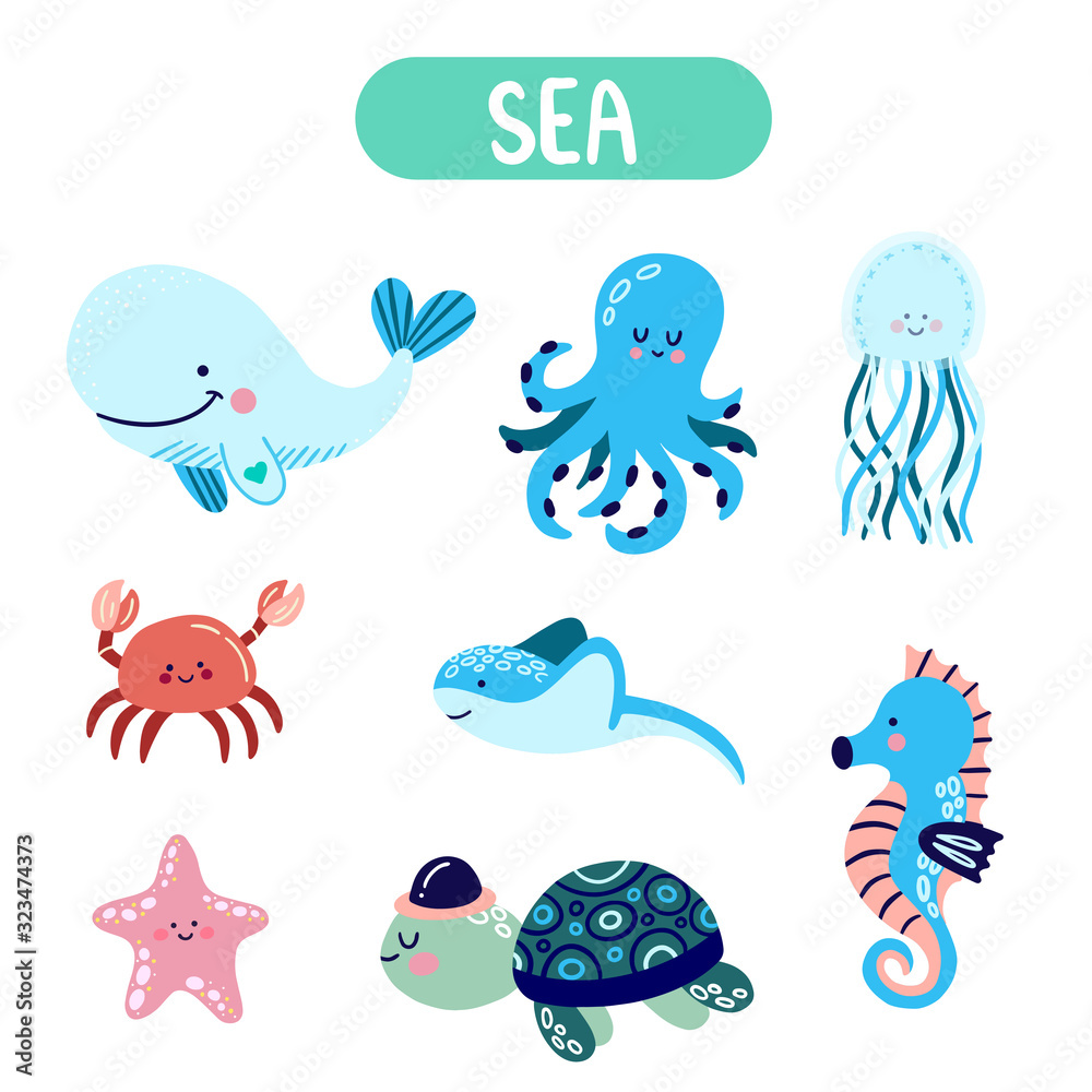 Naklejka premium Set of cute vector sea animals for isolated elements for kids book decoration, postcard, educational game, sticker.. Collection of marine animals, creatures.