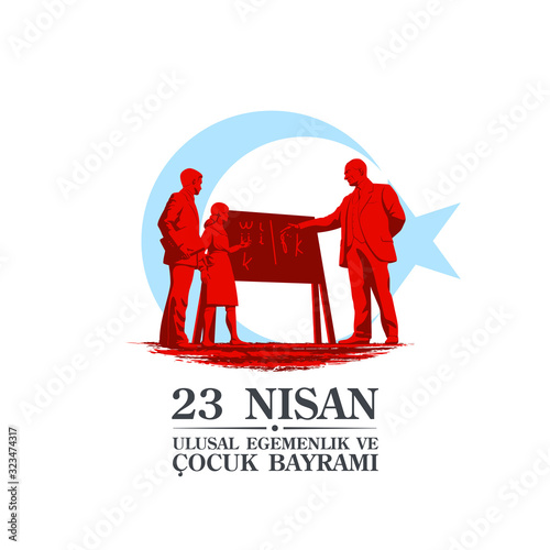 April 23 Turkish national ataturk festival banner cocuk baryrami 23 nisan, tr: April 23 Turkish National Sovereignty and Children's Day, friendship kids silhouette with Turkey flag isolated on white