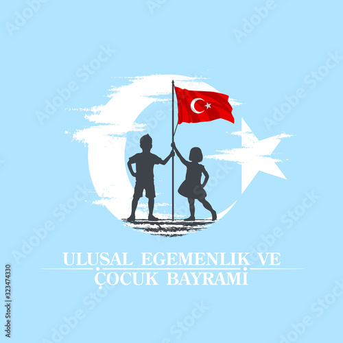 April 23 Turkish national ataturk festival banner cocuk baryrami 23 nisan, tr: April 23 Turkish National Sovereignty and Children's Day, friendship kids silhouette with Turkey flag on blue background photo