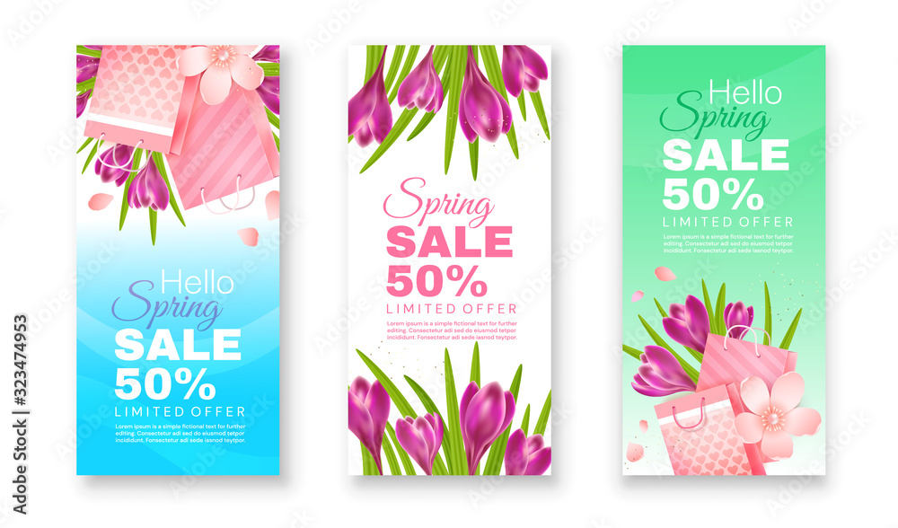 Spring sale flyers . Crocuses and apple blossoms with gift bags on a blue, white and green background. Set of vector flyers.