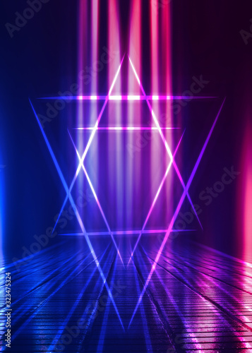 Dark abstract futuristic background. Geometric laser figure in the center of the stage. Neon blue-pink rays of light on a dark background