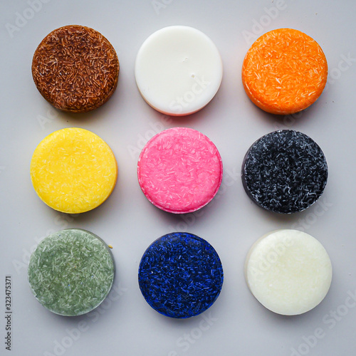 Colorful round solid shampoo bars (zero waste)