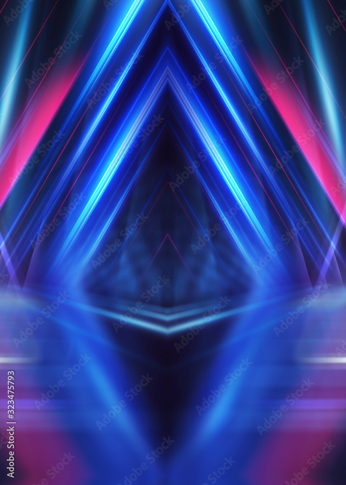 Abstract dark background with blue and pink neon glow. Neon lines of light. Background empty scene.