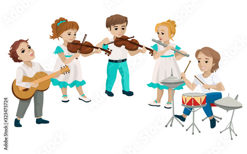 Childrens band playing music on classical instruments. Vector illustration