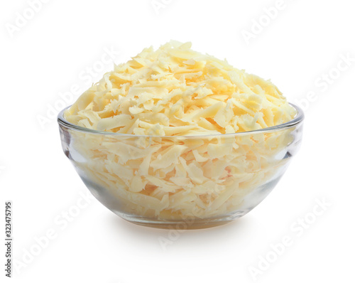 Grated cheese in a glass bowl isolated on white
