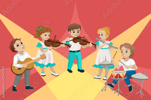 Children perform at a concert and play musical instruments. Vector concept illustration