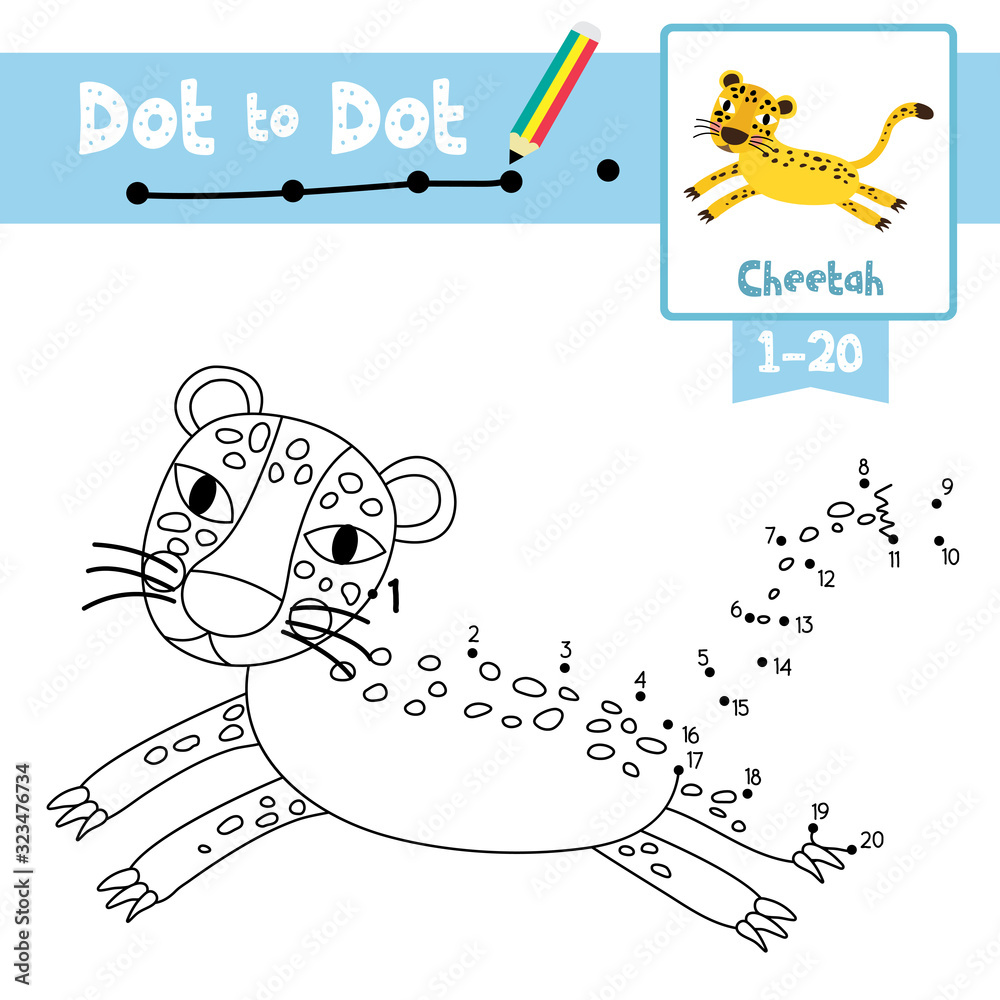 Dot to dot educational game and Coloring book Jumping Cheetah animal ...