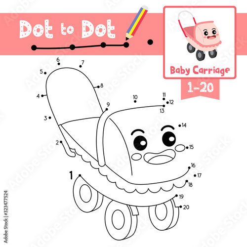 Dot to dot educational game and Coloring book Baby Carriage cartoon character perspective view vector illustration