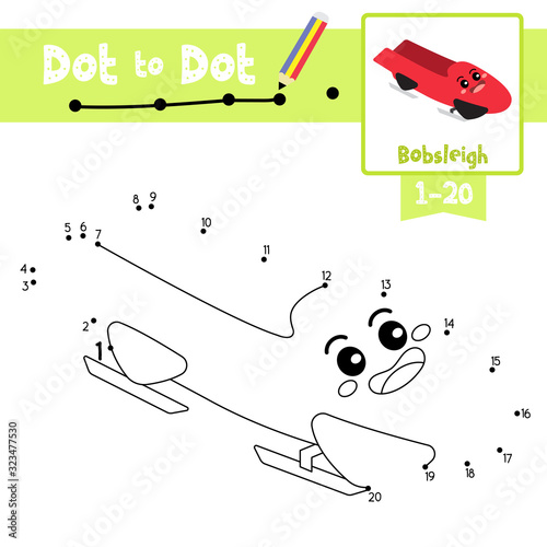 Dot to dot educational game and Coloring book Bobsleigh cartoon character perspective view vector illustration